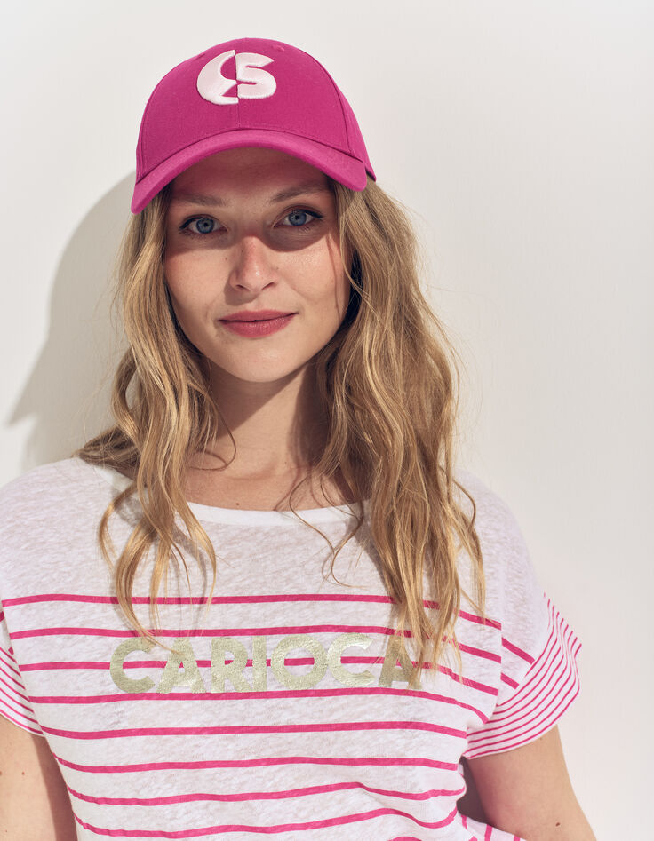 MOLLY- T-shirt blanc rayures rose et message-2 MOLLY- T-shirt blanc rayures rose et message-2