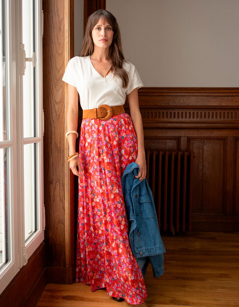 JAFNA - Jupe longue rouge imprimé floral d'été - One Step