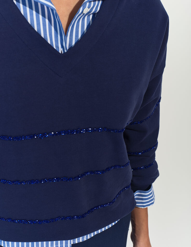 MOCOCA - Sweat bleu motif rayures perles brodées -3
