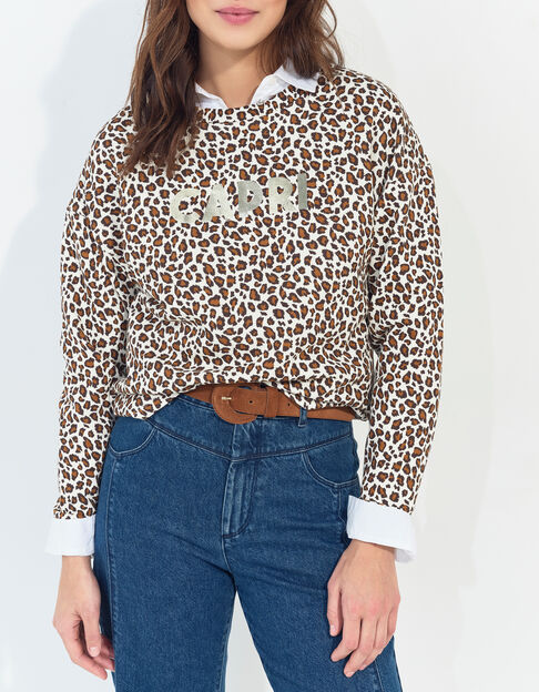 MERAKI - Sweat noir coton bio imprim&eacute; l&eacute;opard message dor&eacute; - One Step