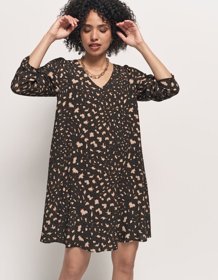 RELLA - Robe kaki Lenzing™ Ecovero™ tachiste animalier-1 RELLA - Robe kaki Lenzing™ Ecovero™ tachiste animalier-1