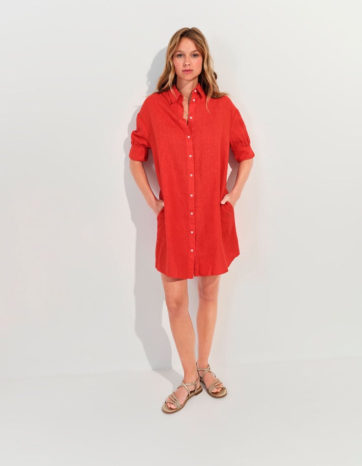 REACH - Robe chemise orange lin certifié surteint-7