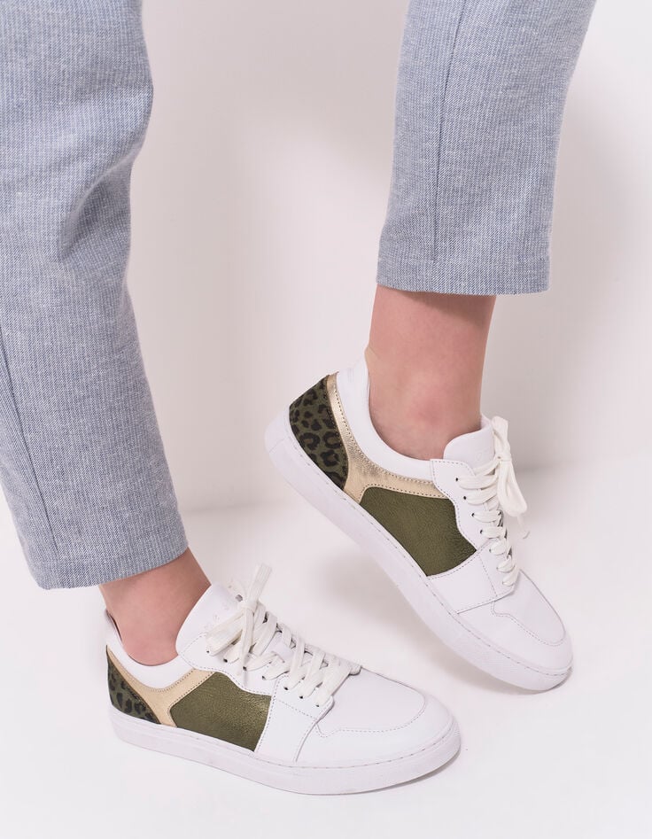 O.QUIMBO - Tennis basses blanc, kaki et doré cuir-1 O.QUIMBO - Tennis basses blanc, kaki et doré cuir-1