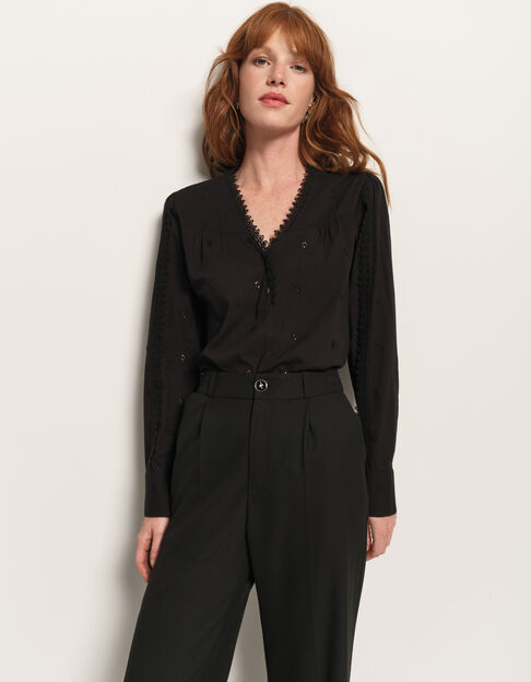 CLOE - Blouse noire coton bio broderie anglaise - One Step