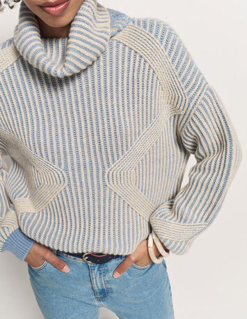 TOKAYA - Pull col roulé bleu tricot côtelé bicolore-4
