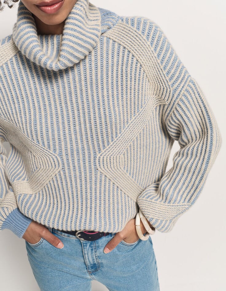 TOKAYA - Pull col roulé bleu tricot côtelé bicolore-4 TOKAYA - Pull col roulé bleu tricot côtelé bicolore-4