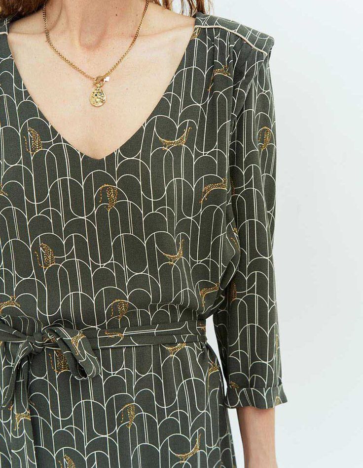 ROTARY - Robe kaki à imprimé félin art déco en viscose-4