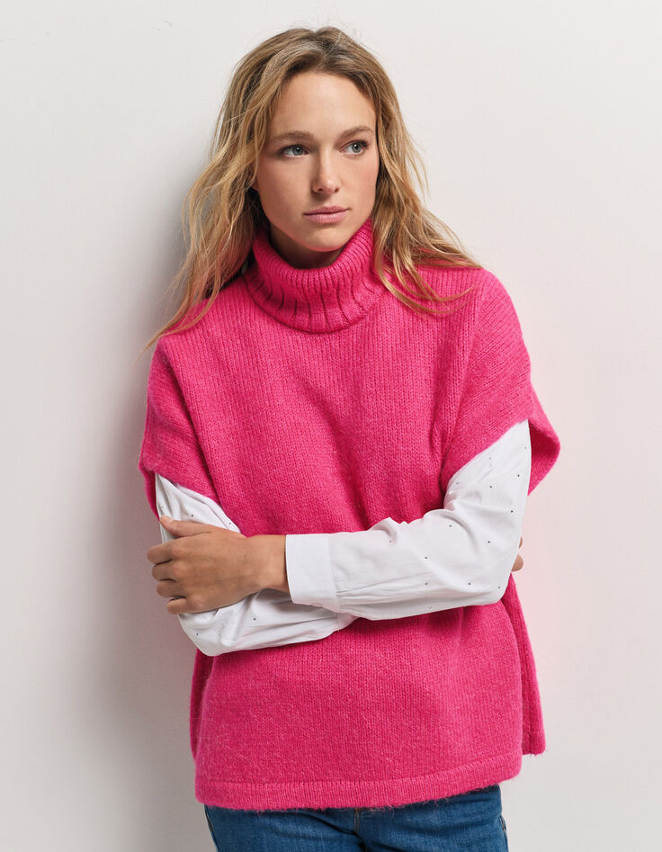 ANDRAS - Poncho rose tricot col montant-1