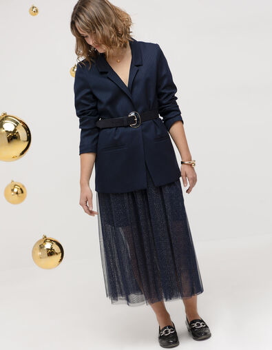 JANICE - Jupe midi marine tulle pailleté - One Step