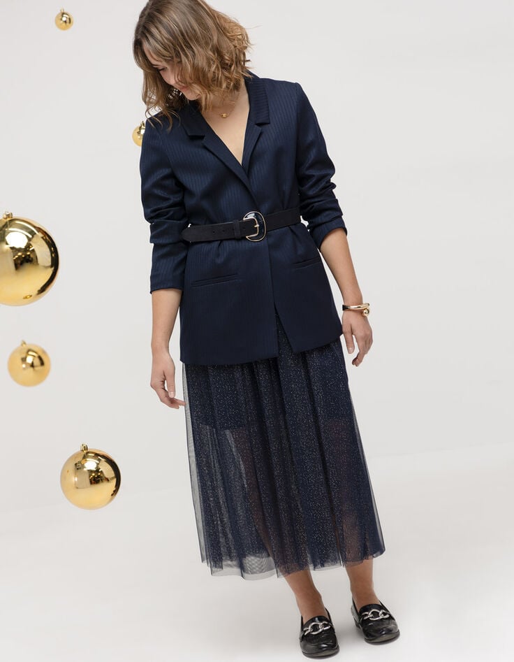 JANICE - Jupe midi marine tulle pailleté-1