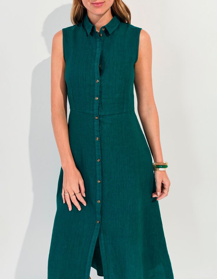 RECIFE - Robe chemise longue verte lin certifi&eacute; surteint -2