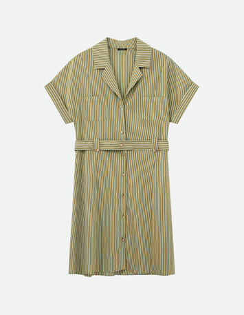 RORAIMA - Robe chemise verte &agrave; motif fines rayures -4