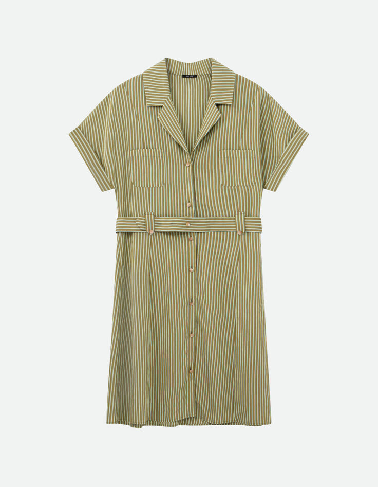 RORAIMA - Robe chemise verte &agrave; motif fines rayures -4