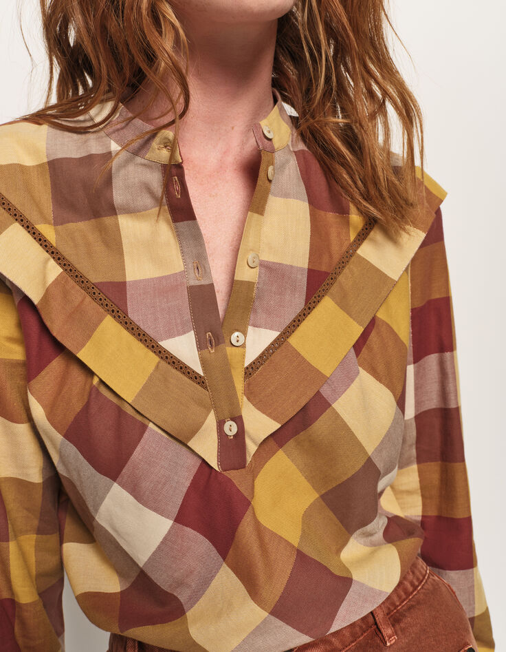 COSMA - Blouse jaune motif carreaux plastron volanté-4