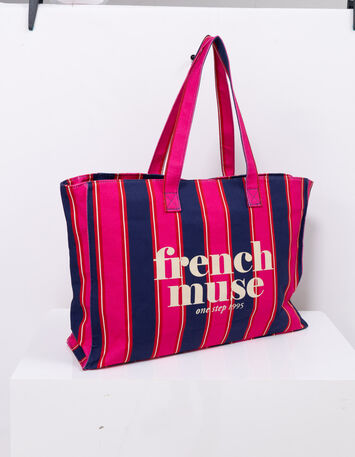 French Muse - Sac week-end &agrave; rayures bleu et rose-2