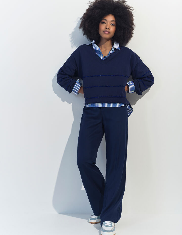 MOCOCA - Sweat bleu motif rayures perles brodées -6