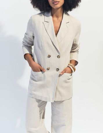 VITORIA - Veste de costume beige chin&eacute; en lin et coton -2