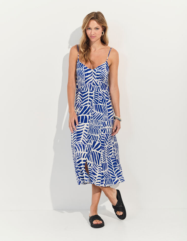 RODA - Robe midi bleue imprimé patchwork feuilles -7