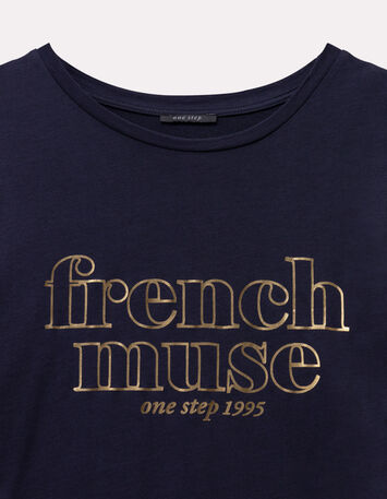 MARVA - T-shirt marine coton bio message doré-2