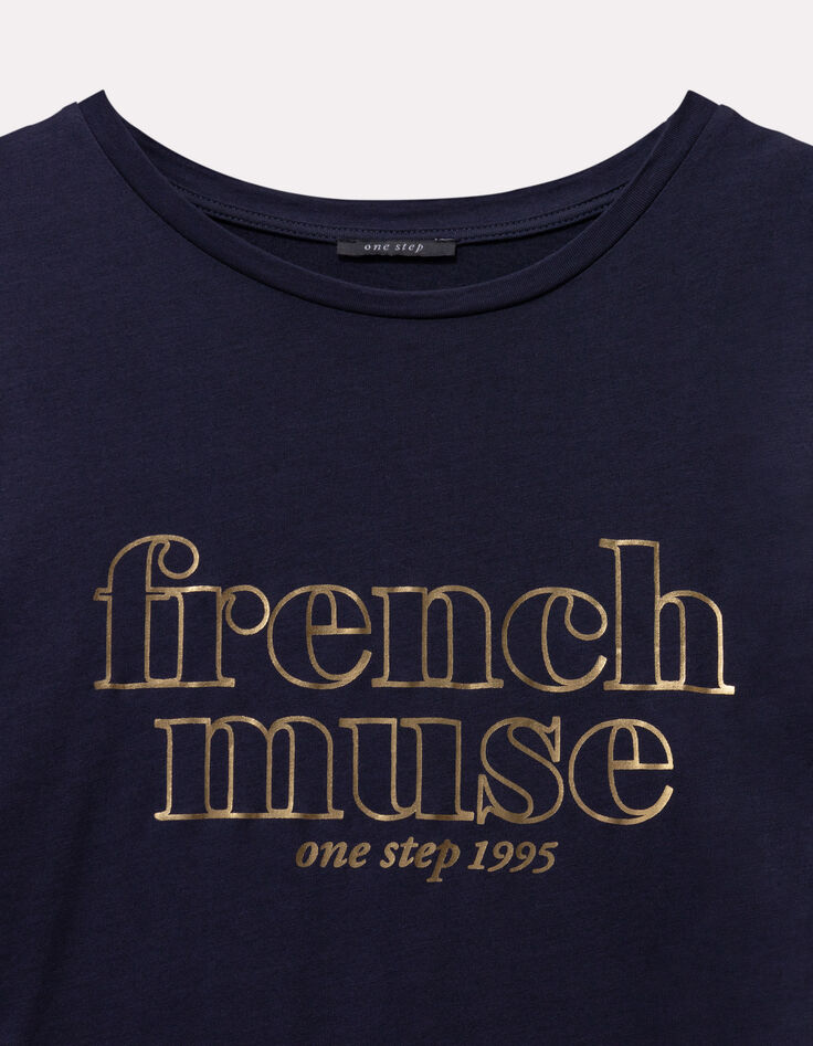 MARVA - T-shirt marine coton bio message doré-2