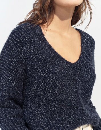 TIMEO - Pull marine tricot lurex encolure V devant/dos-2