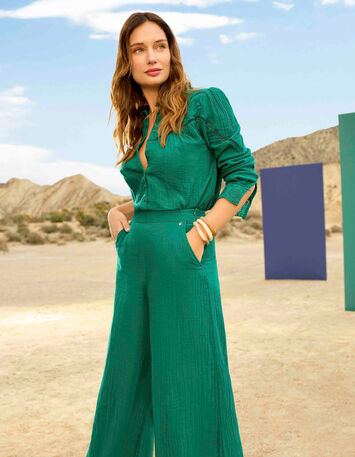 CAVIANA - Chemise verte gaze de coton bio col collerette-1