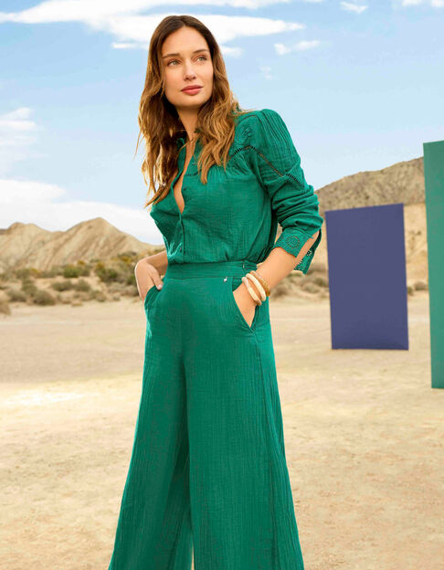 CAVIANA - Chemise verte gaze de coton bio col collerette - One Step