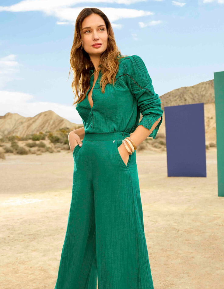 CAVIANA - Chemise verte gaze de coton bio col collerette-1