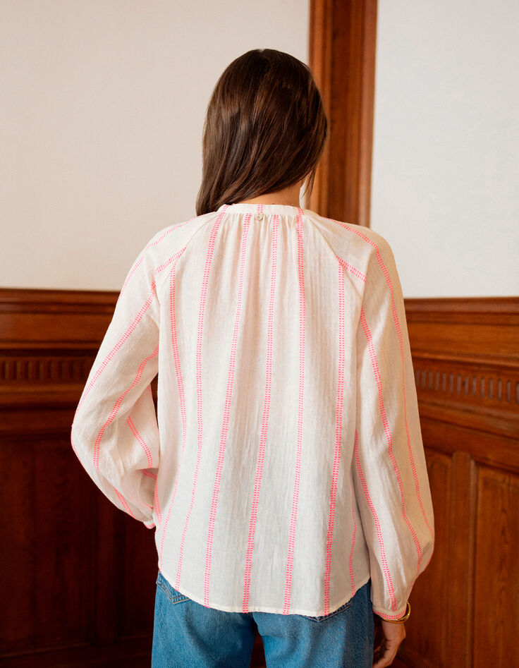 CEYLAN - Blouse blanche rayures fantaisie rose fluo-3