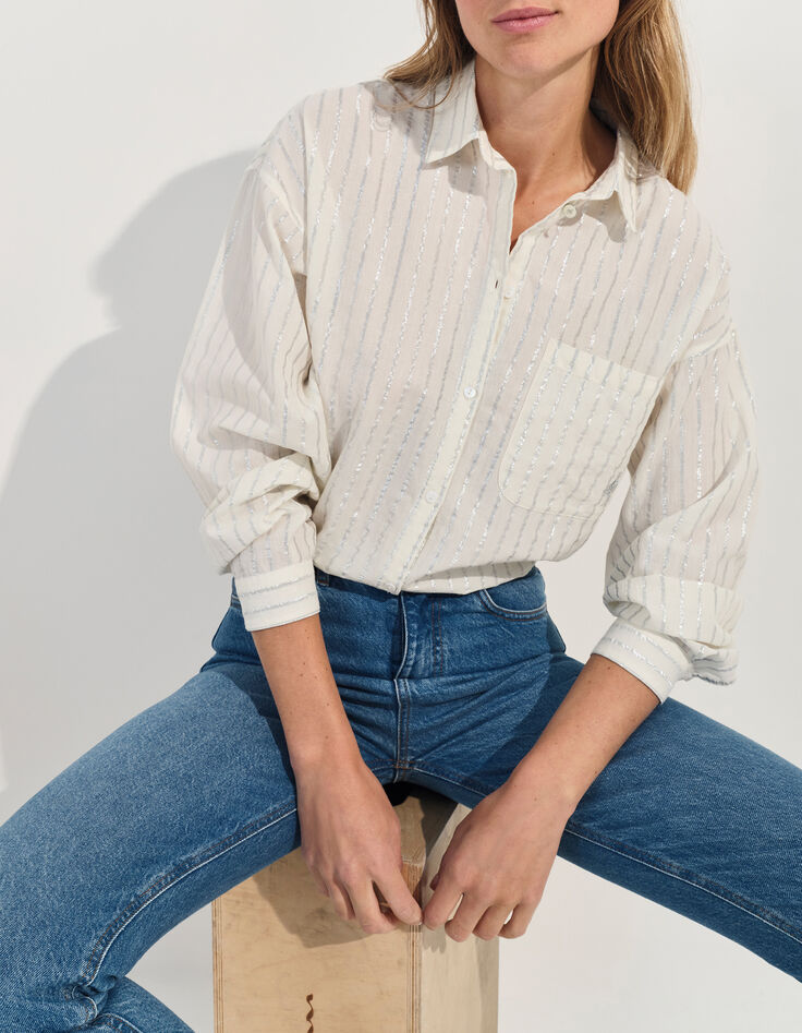 CELESTE - Chemise blanche &agrave; motif rayures argent&eacute;es -2