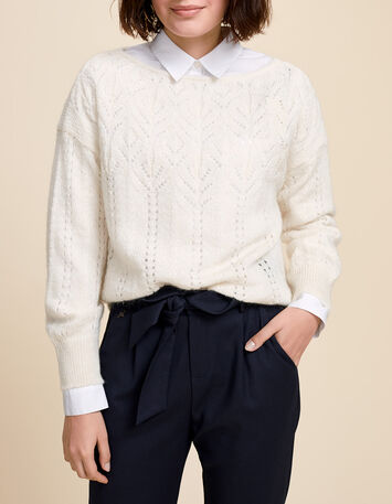 TRENT - Pull écru en tricot ajouré fantaisie-1