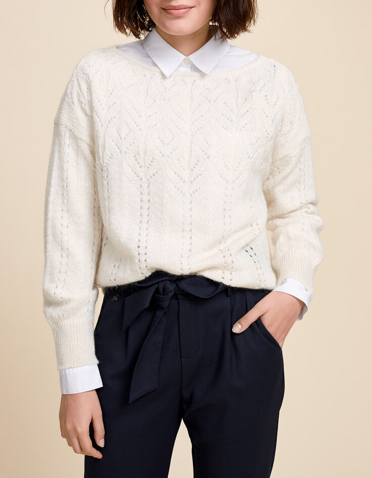 TRENT - Pull écru en tricot ajouré fantaisie-1