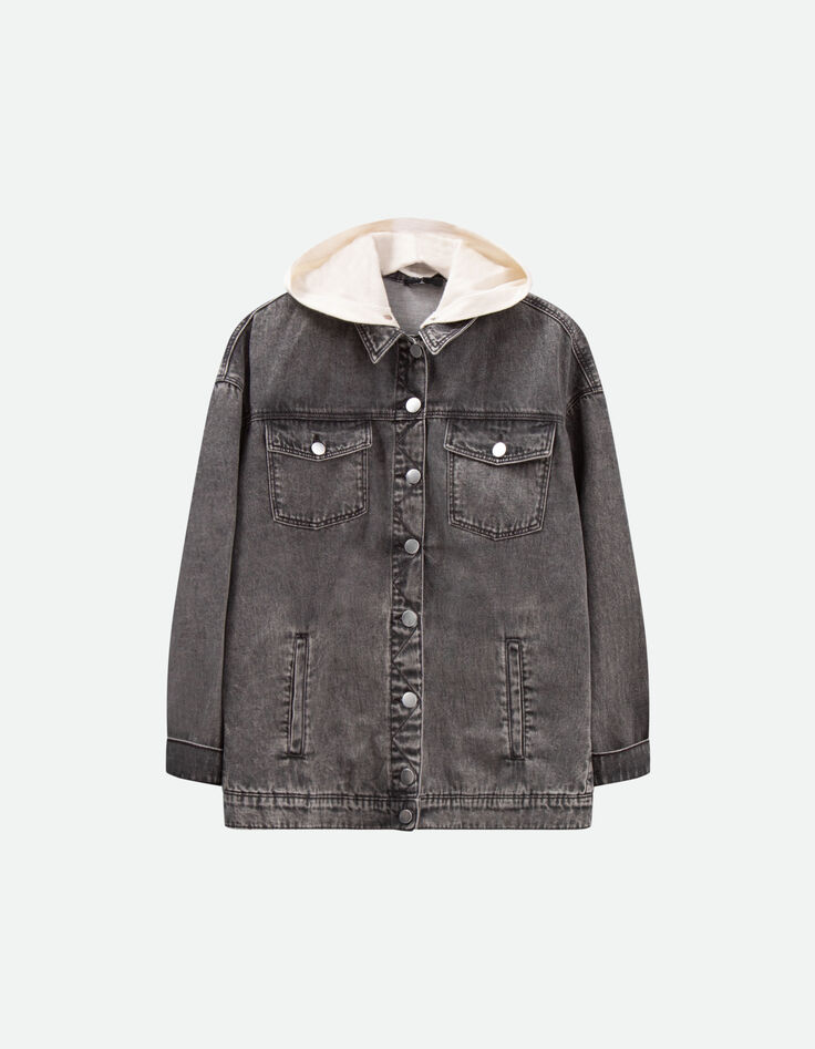DOLLIS - Veste en jean opale grey avec capuche amovible-5