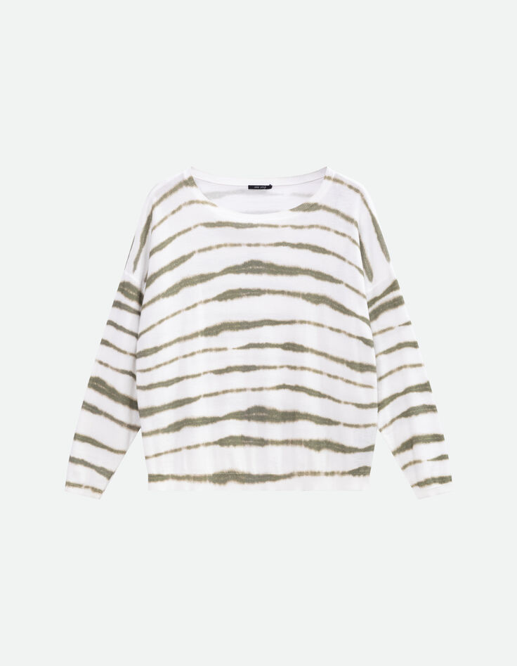 TECLA - Pull blanc motif rayures floues kaki -5