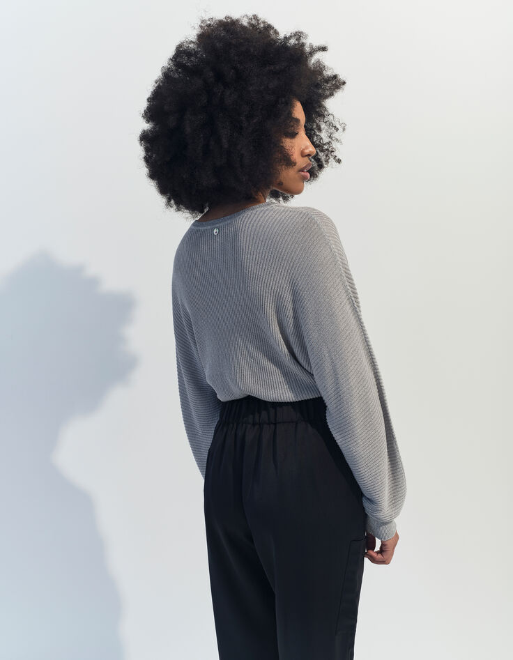 TONY - Pull argent tricot côtelé manches chauve-souris -3