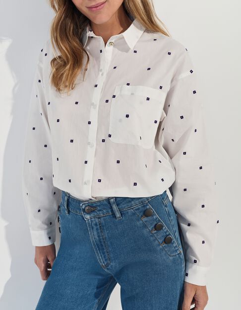 CELESTE - Chemise &eacute;crue broderies petits carr&eacute;s violet  - One Step