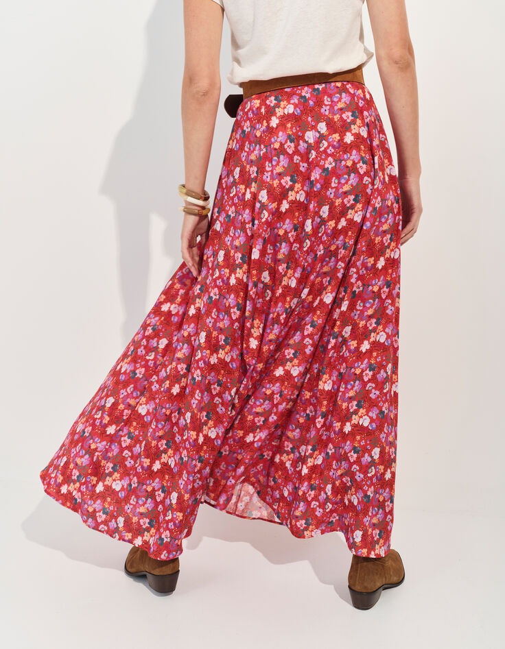 JAFNA - Jupe longue rouge imprimé floral d'été-3