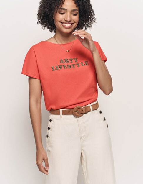 MAGICA - T-shirt orange coton bio message léopard - One Step