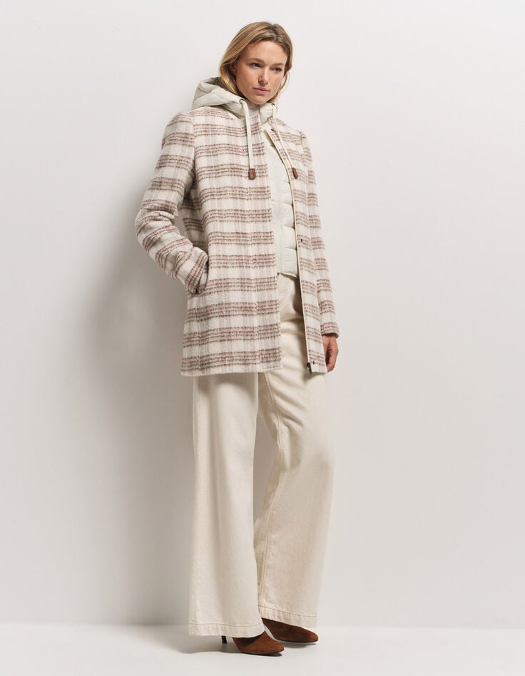 DATCHA - Manteau 2-en-1 beige motif carreaux et doudoune-1 DATCHA - Manteau 2-en-1 beige motif carreaux et doudoune-1