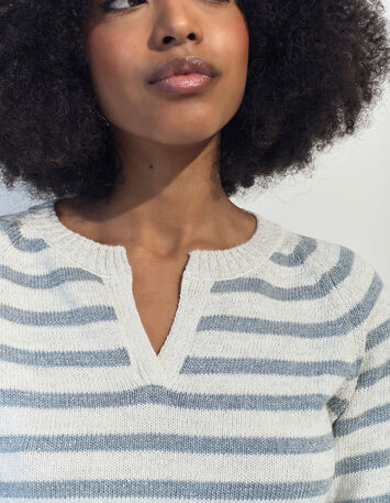 TERESA - Pull blanc tricot motif rayures lurex ciel -4