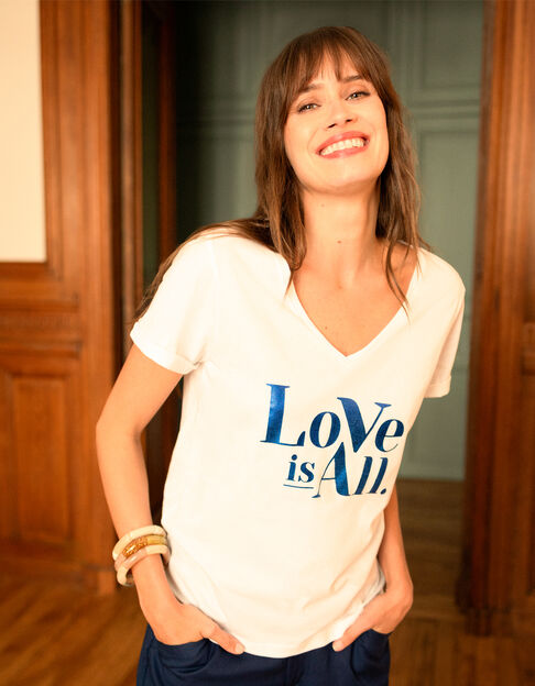 MARCO - T-shirt blanc coton bio message bleu métallisé  - One Step