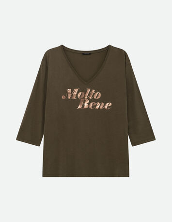 MEZZO - T-shirt kaki message m&eacute;tallis&eacute;-5
