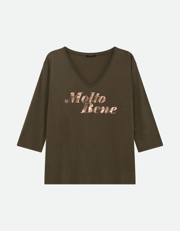 MEZZO - T-shirt kaki message m&eacute;tallis&eacute;-5