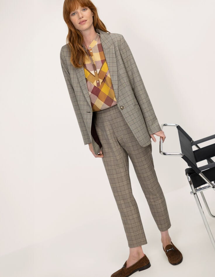 PETUNIA - Pantalon cigarette beige motif prince-de-galles-2 PETUNIA - Pantalon cigarette beige motif prince-de-galles-2
