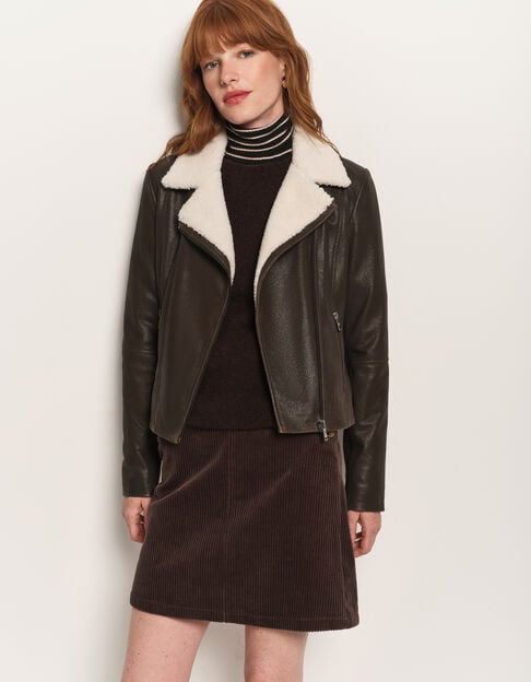 DENZEL - Blouson marron cuir esprit motard col amovible - One Step