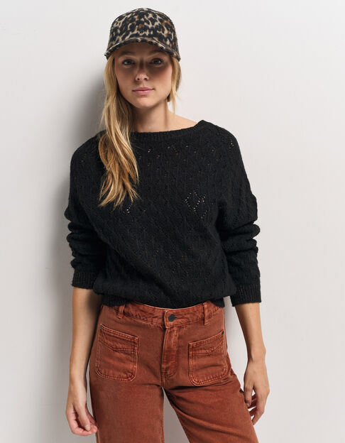 TACEY - Pull noir tricot ajouré réversible devant/dos - One Step