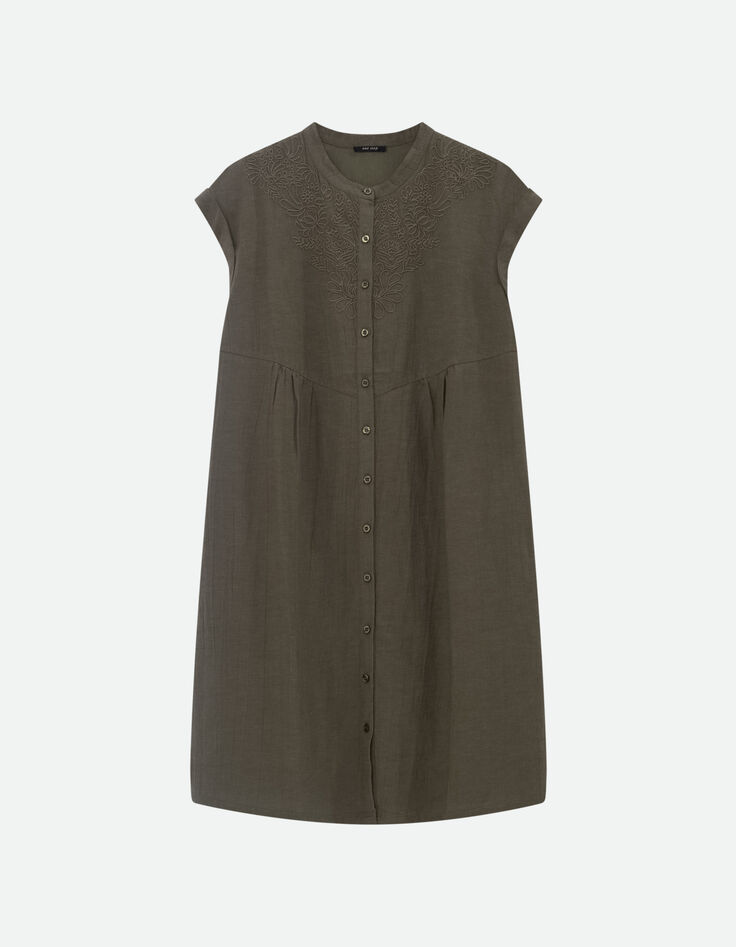 RONDONIA - Robe kaki coton lin broderies plac&eacute;es -5