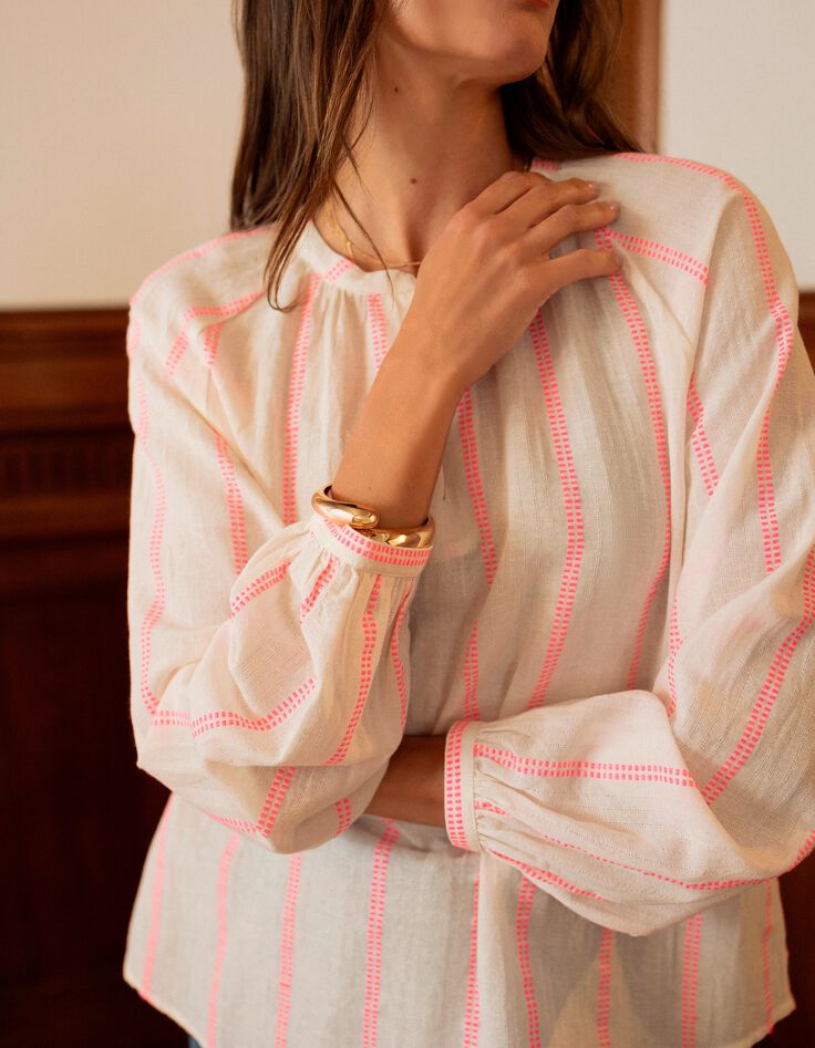 CEYLAN - Blouse blanche rayures fantaisie rose fluo-2