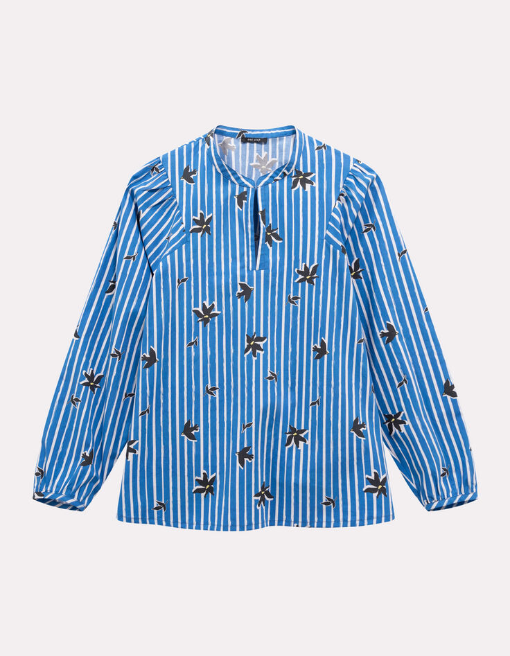 CESARIA - Blouse bleue imprim&eacute; rayures printani&egrave;res-1