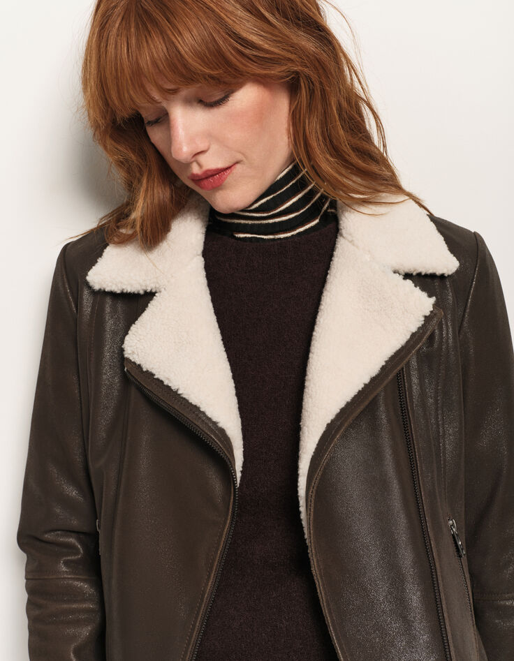 DENZEL - Blouson marron cuir esprit motard col amovible-3 DENZEL - Blouson marron cuir esprit motard col amovible-3